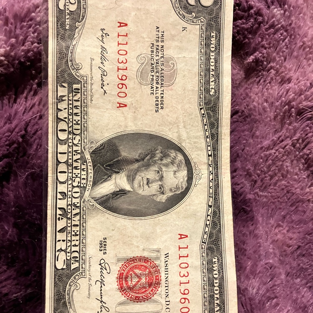 1953 red seal 2 dollar bill